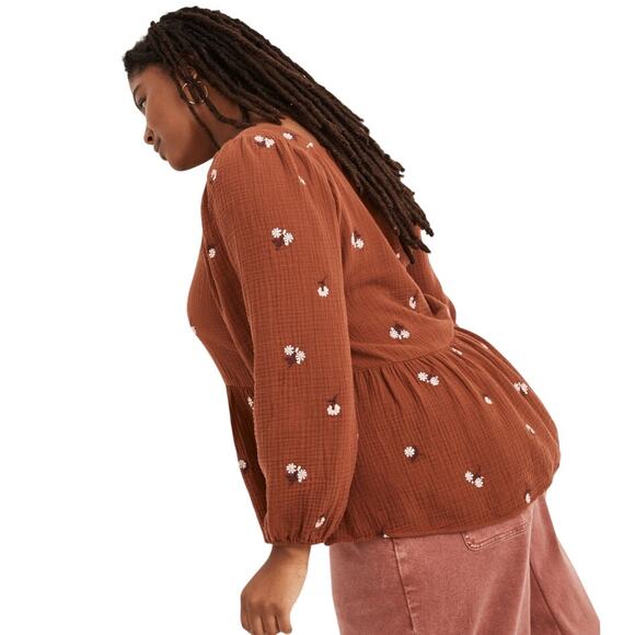 Madewell Amie Floral Embroidered Lightspun Millbrook Puff-Sleeve Peplum Top XL - Picture 3 of 11